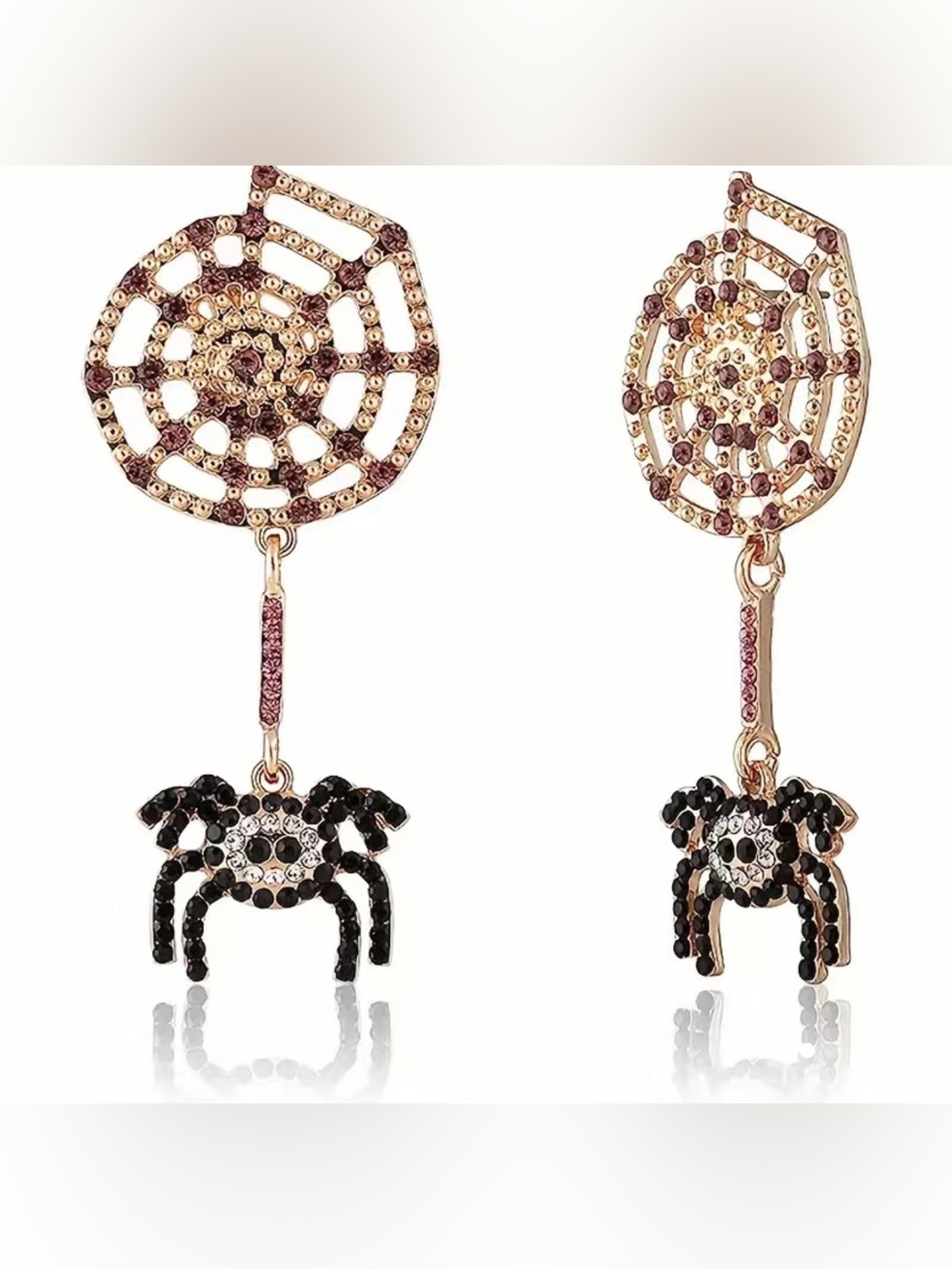 NWT Gold-Tone Spider Web Drop Earrings with Black and Pink Accents, Halloween